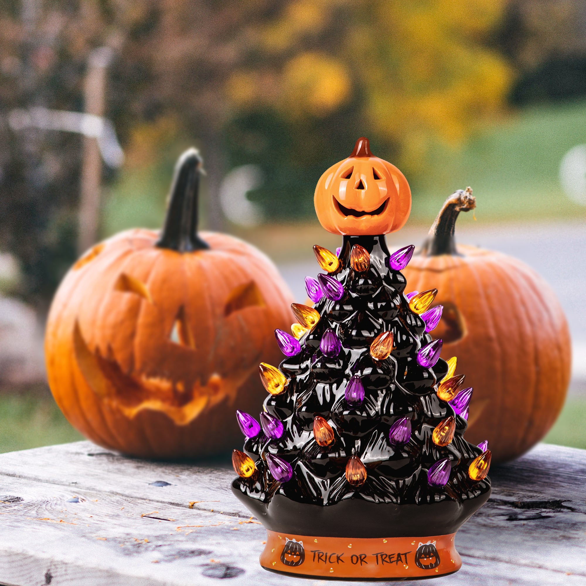 RJ Legend Ceramic Tree, 9" Handcraft Cordless with Pumpkin Head, LED Light Bulbs, - Black