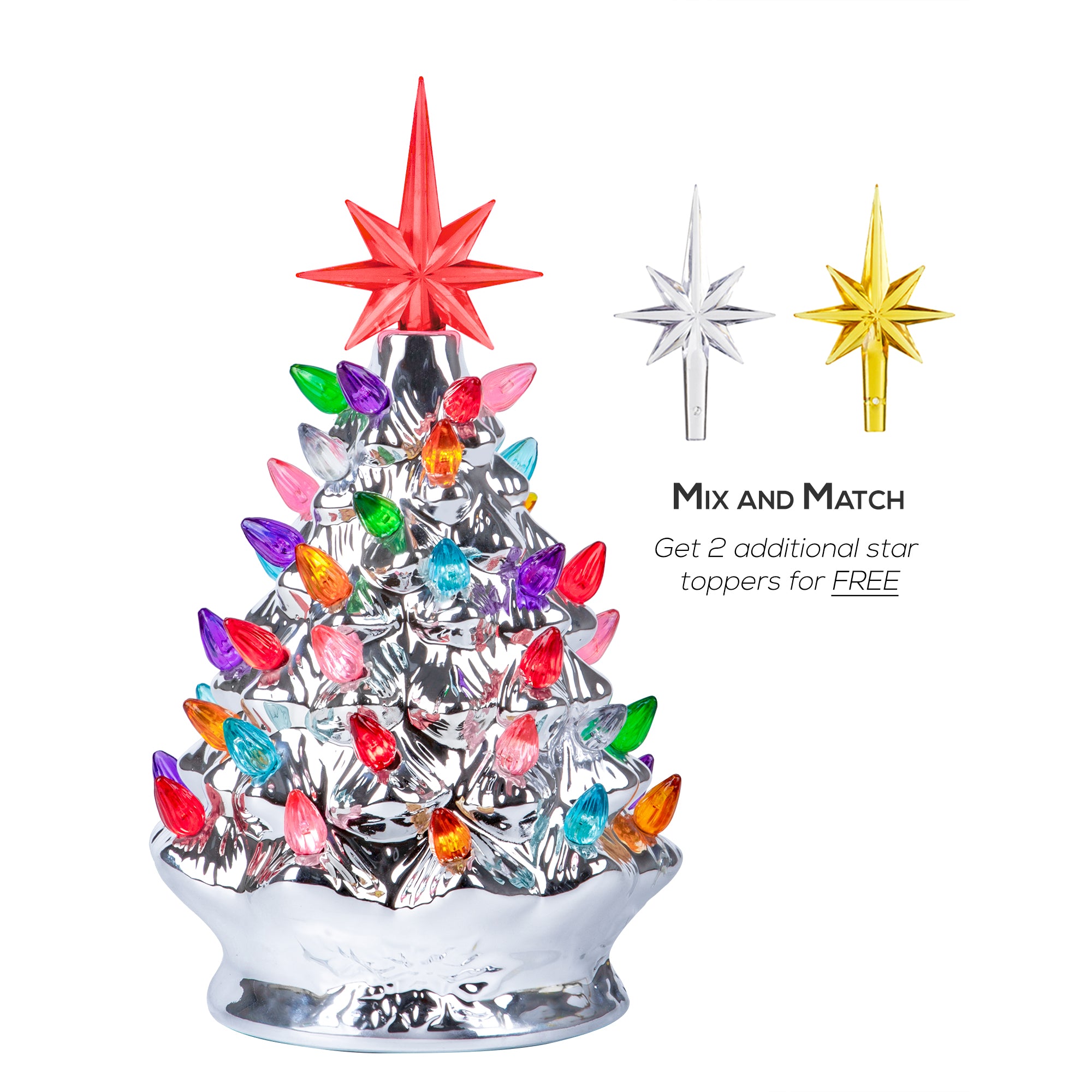 RJ Legend Handcrafted Ceramic Tree, Cordless with LED Bulbs - 9" Silver