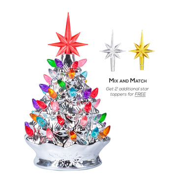 RJ Legend Handcrafted Ceramic Tree, Cordless with LED Bulbs - 9" Silver