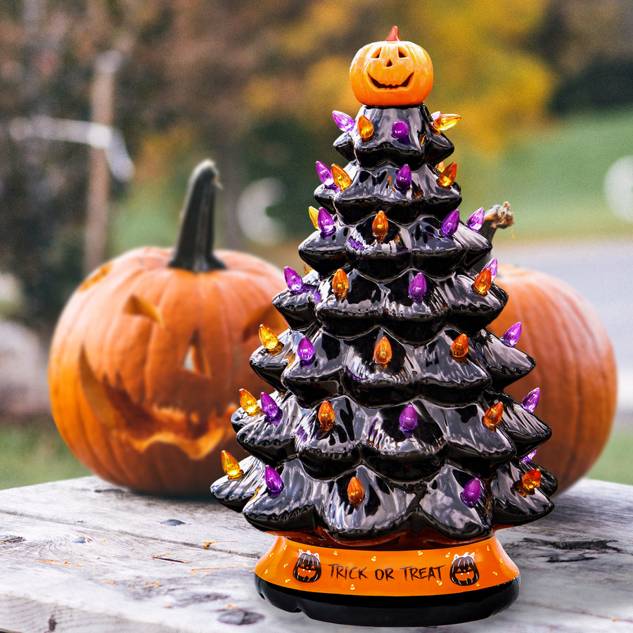 RJ Legend Ceramic Tree, 15" Handcraft Cordless with Pumpkin Head, LED Light Bulbs, - Black