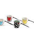 RJ Legend 3 Ounce Ceramic, Handcrafted Stoneware Polka Dot Stripes Molded Hearts Mugs, Art Pod Mugs, Coffee Cup, Coffee Ornament Mugs Set of 4, Assorted Colors