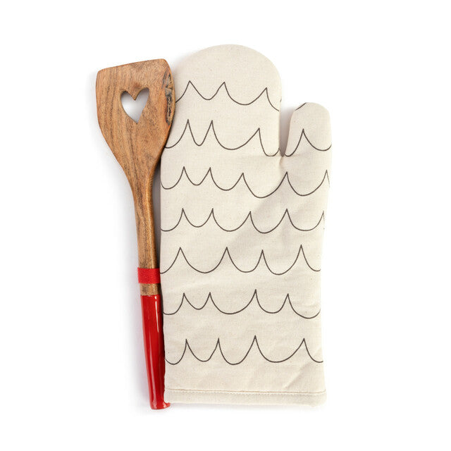 RJ Legend Fish-Wave Pattern Pure Thick Cotton Oven Mitt, Heat Resistant Padded Oven Glove, and 12-Inch Round Handle Non-Stick Cookware Wood Spatula Set