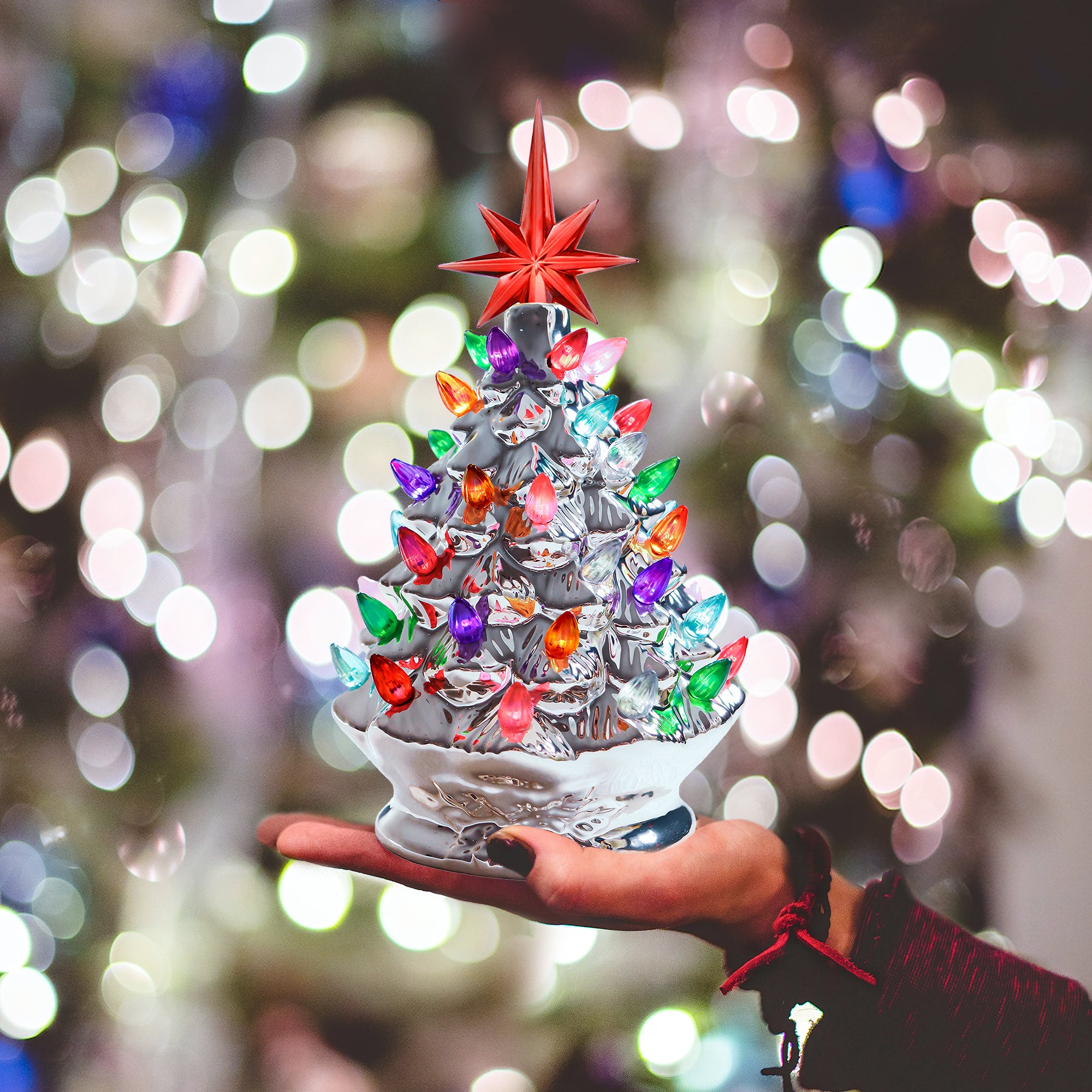 RJ Legend Handcrafted Ceramic Tree, Cordless with LED Bulbs - 9" Silver